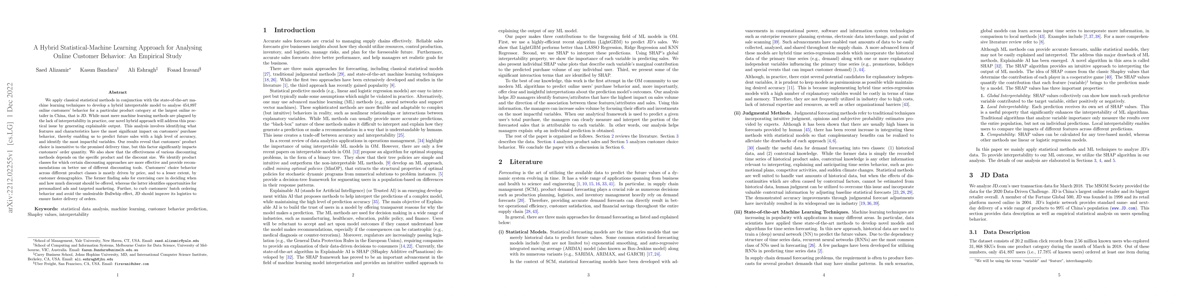 Thumbnail for A Hybrid Statistical-Machine Learning Approach for Analysing Online
  Customer Behavior: An Empirical Study