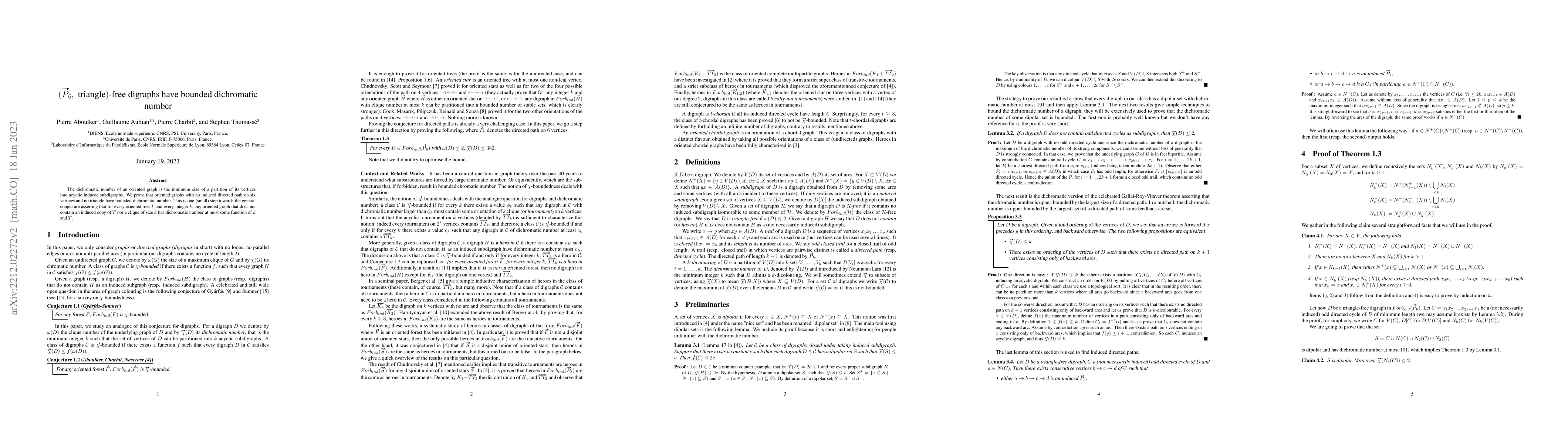 Thumbnail for (P6, triangle)-free digraphs have bounded dichromatic number