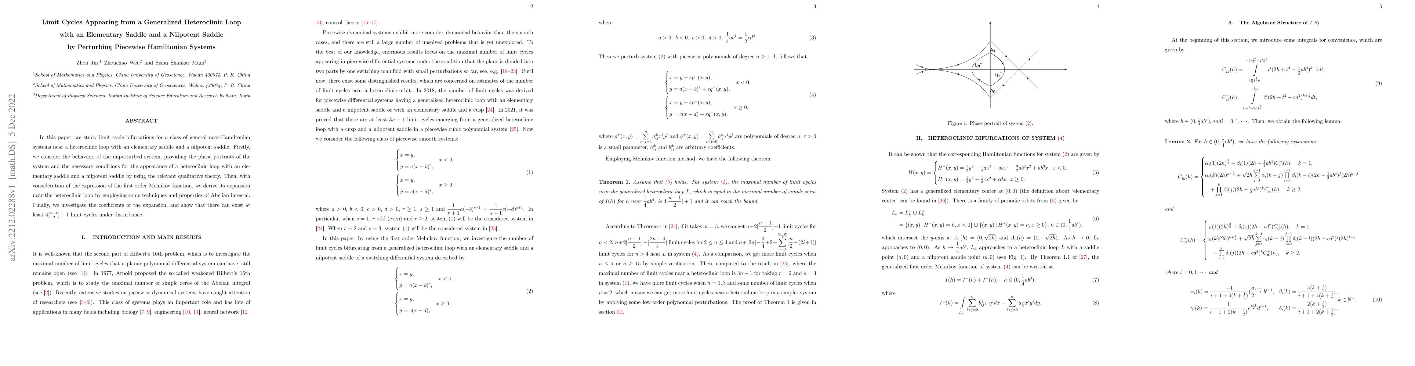 Thumbnail for Limit Cycles Appearing from a Generalized Heteroclinic Loop with an
  Elementary Saddle and a Nilpotent Saddle by Perturbing Piecewise Hamiltonian
  Systems