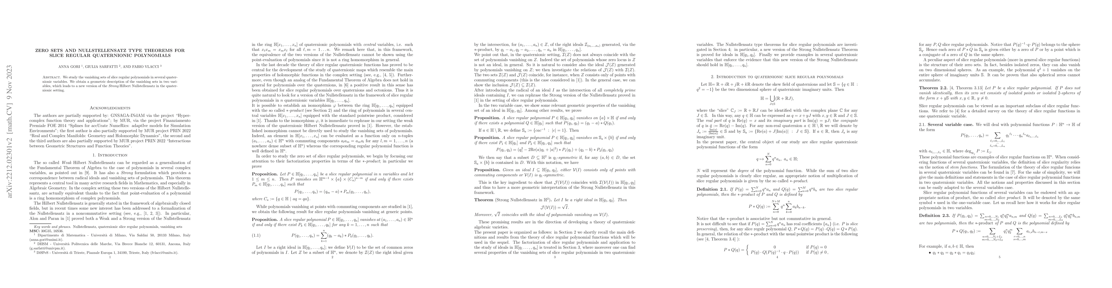 Thumbnail for Zero sets and Nullstellensatz type theorems for slice regular
  quaternionic polynomials