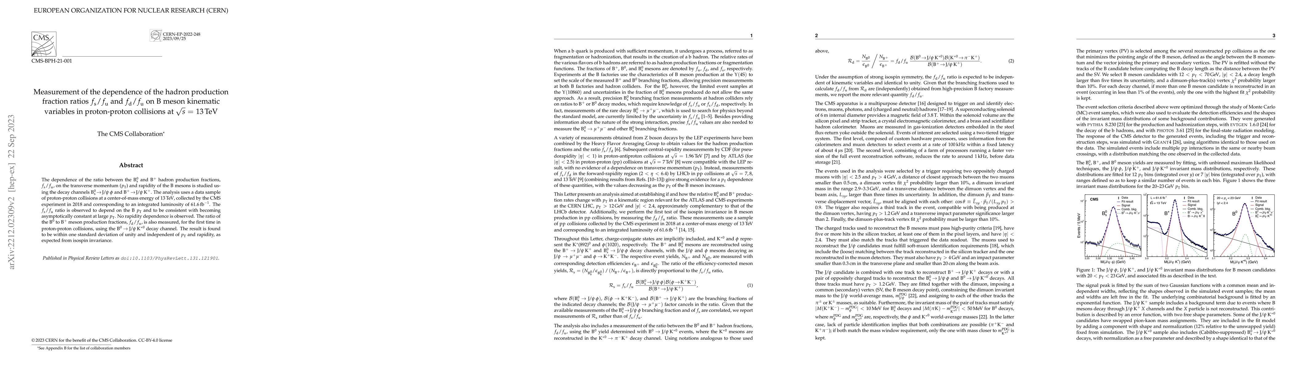 Thumbnail for Measurement of the dependence of the hadron production fraction ratio
  $f_\mathrm{s} / f_\mathrm{u}$ and $f_\mathrm{d} / f_ \mathrm{u}$ on B meson
  kinematic variables in proton-proton collisions at $\sqrt{s}$ = 13 TeV
