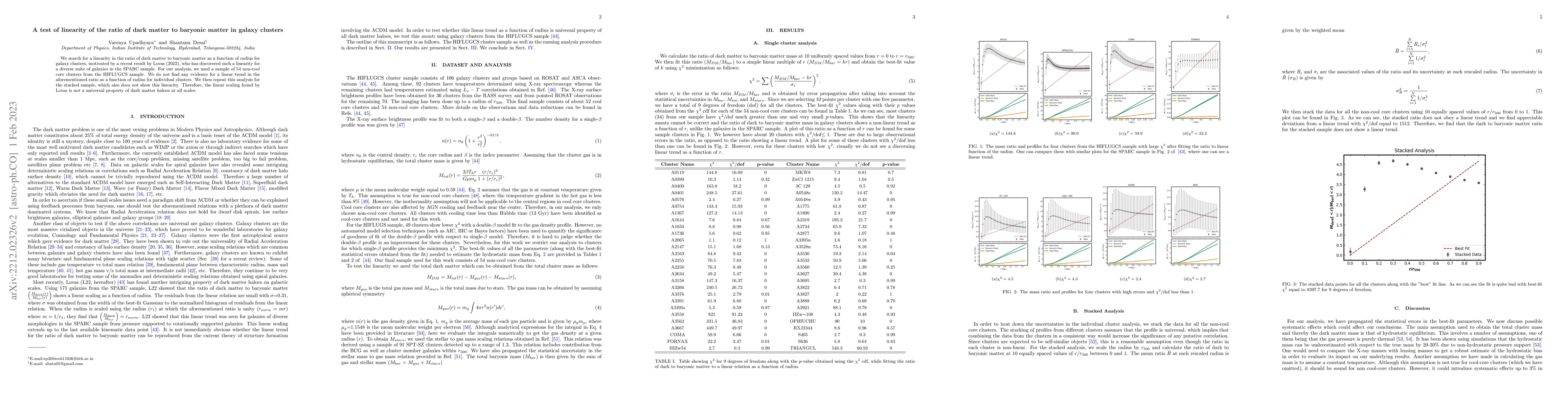 Thumbnail for A test of linearity of the ratio of dark matter to baryonic matter in
  galaxy clusters