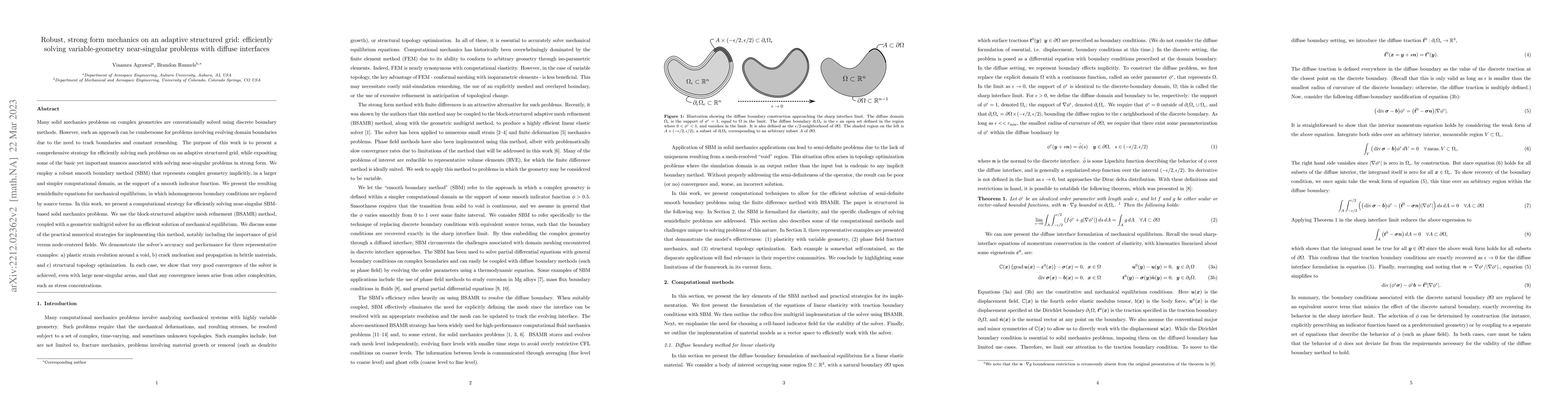 Thumbnail for Robust, strong form mechanics on an adaptive structured grid:
  efficiently solving variable-geometry near-singular problems with diffuse
  interfaces
