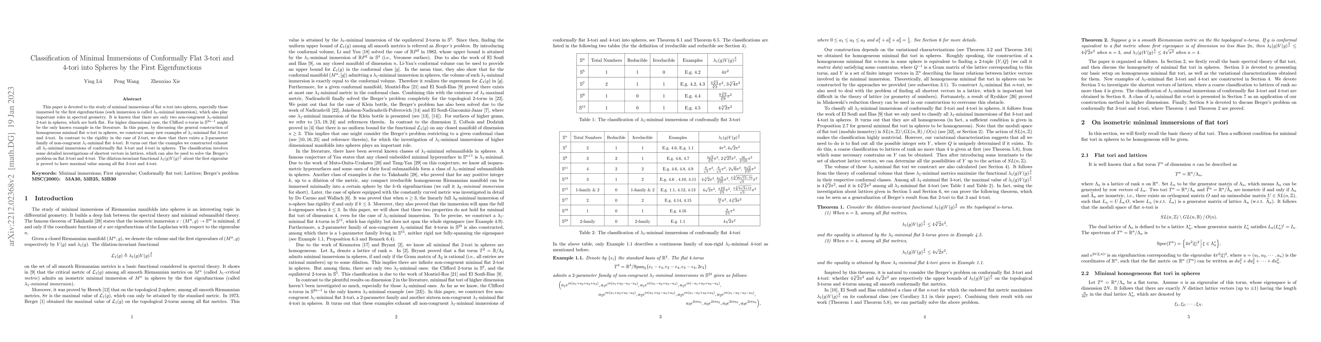 Thumbnail for Classification of Minimal Immersions of Conformally Flat $3$-Tori and
  $4$-Tori in Spheres by The First Eigenfunctions