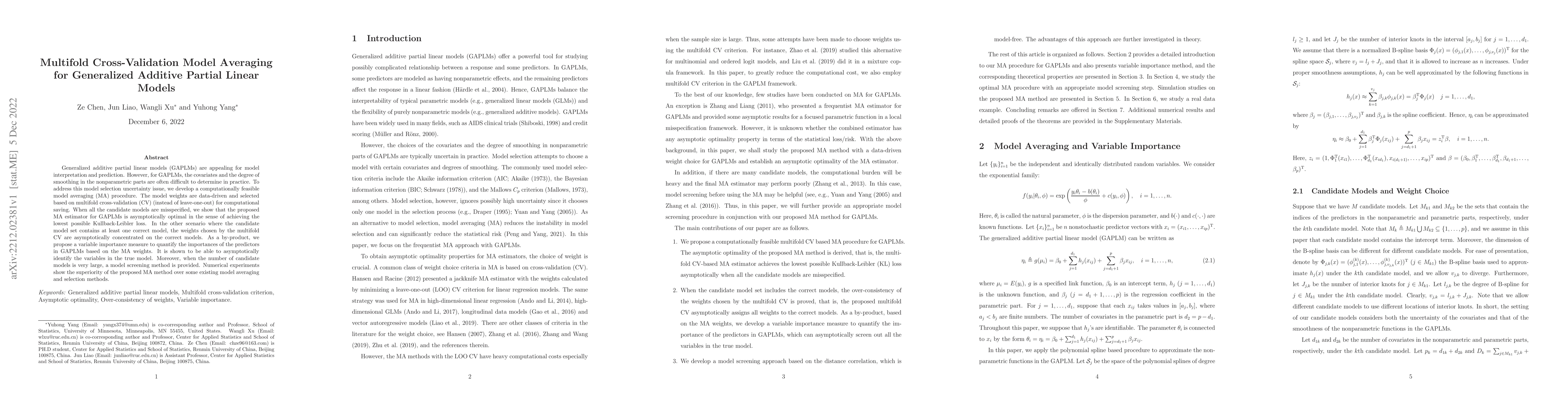 Thumbnail for Multifold Cross-Validation Model Averaging for Generalized Additive
  Partial Linear Models