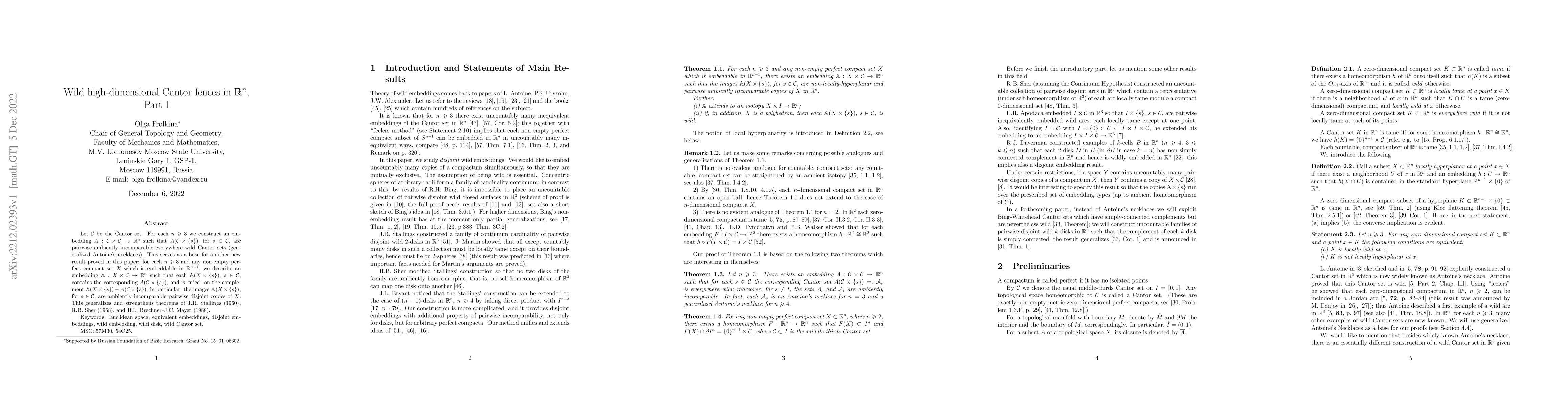 Thumbnail for Wild high-dimensional Cantor fences in $\mathbb{R}^n$, Part I