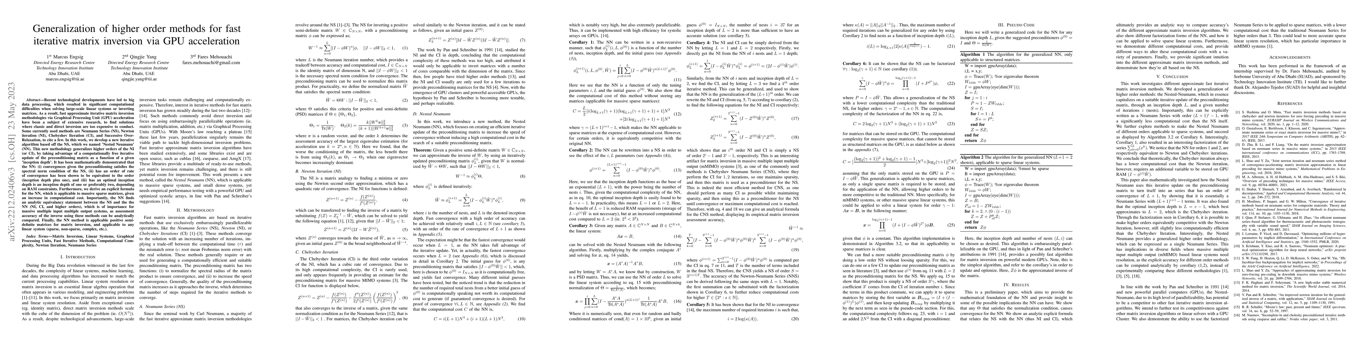 Thumbnail for Generalization of Higher Order Methods for Fast Iterative Matrix
  Inversion Suitable for GPU Acceleration