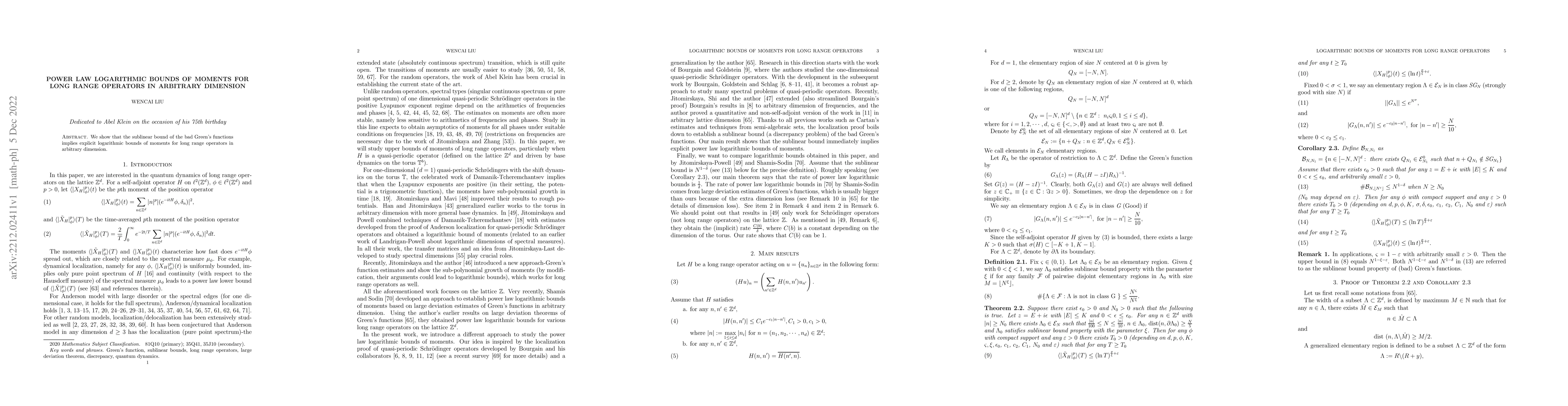 Thumbnail for Power law logarithmic bounds of moments for long range operators in
  arbitrary dimension