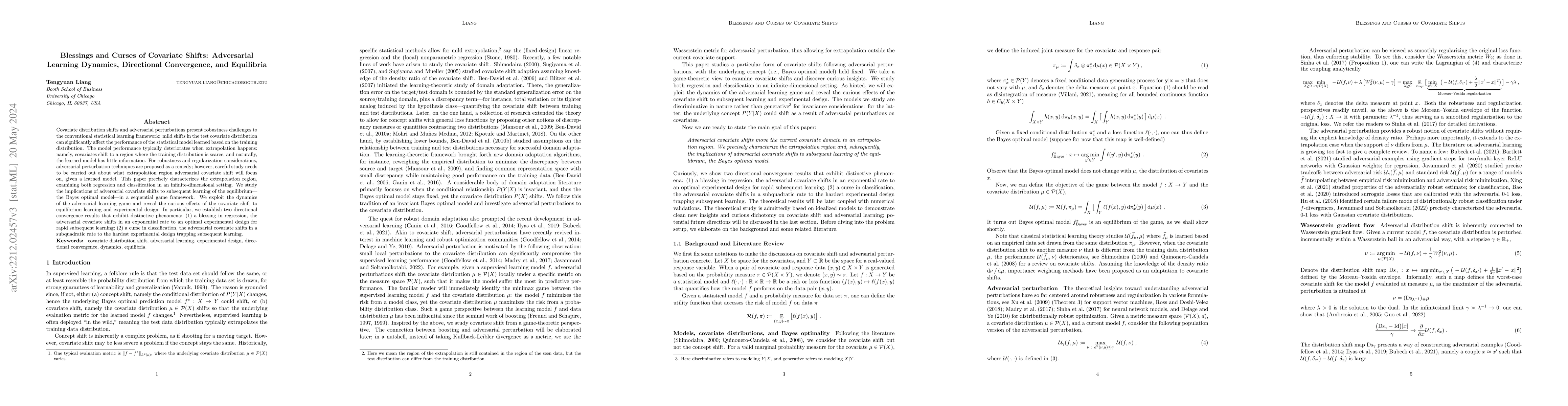 Thumbnail for Blessings and Curses of Covariate Shifts: Adversarial Learning Dynamics,
  Directional Convergence, and Equilibria