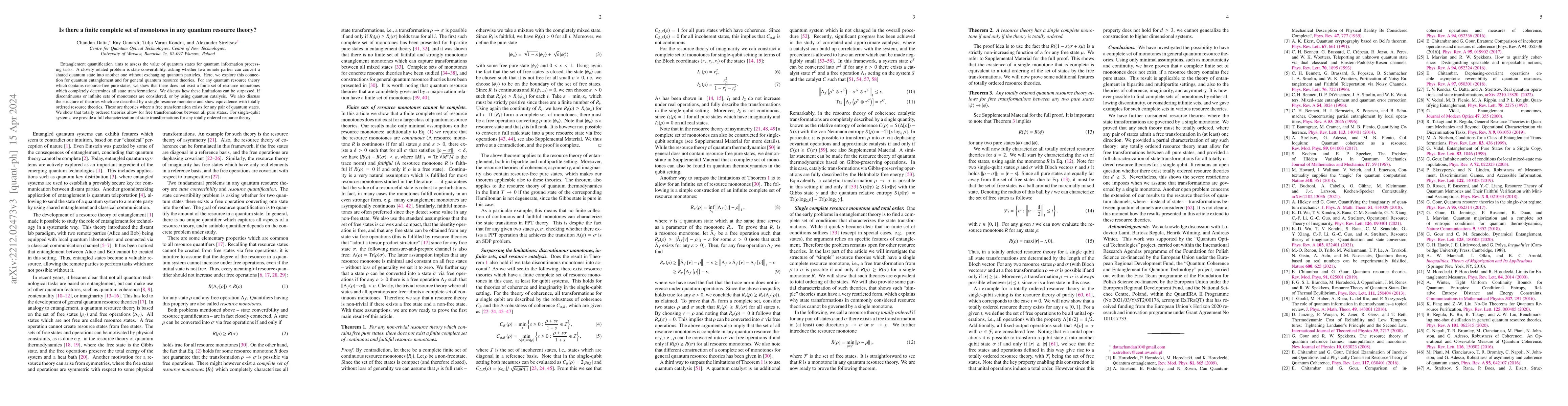 Thumbnail for Is there a finite complete set of monotones in any quantum resource
  theory?