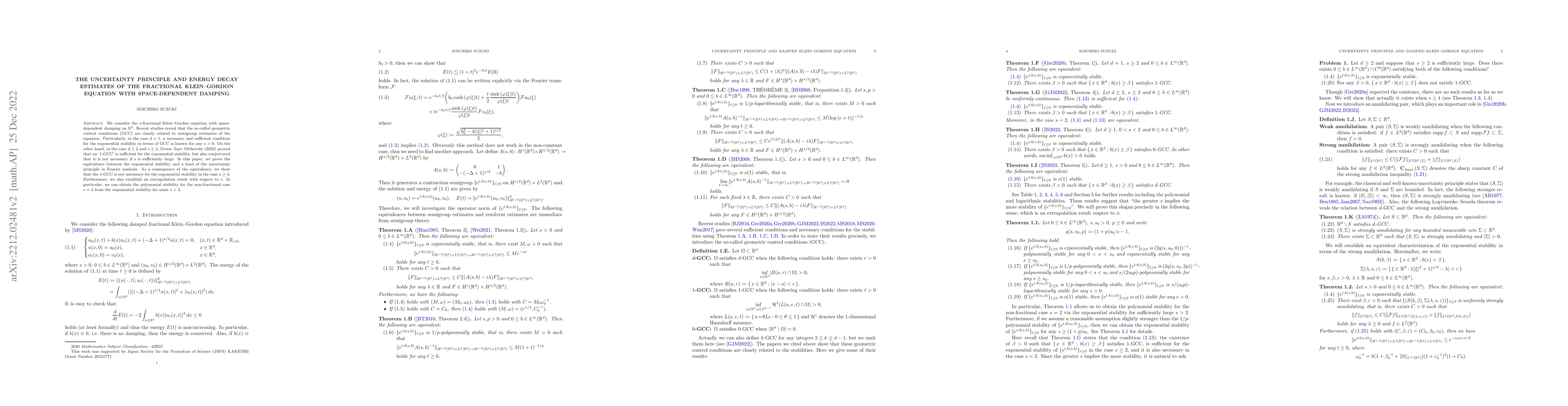 Thumbnail for The uncertainty principle and energy decay estimates of the fractional
  Klein-Gordon equation with space-dependent damping