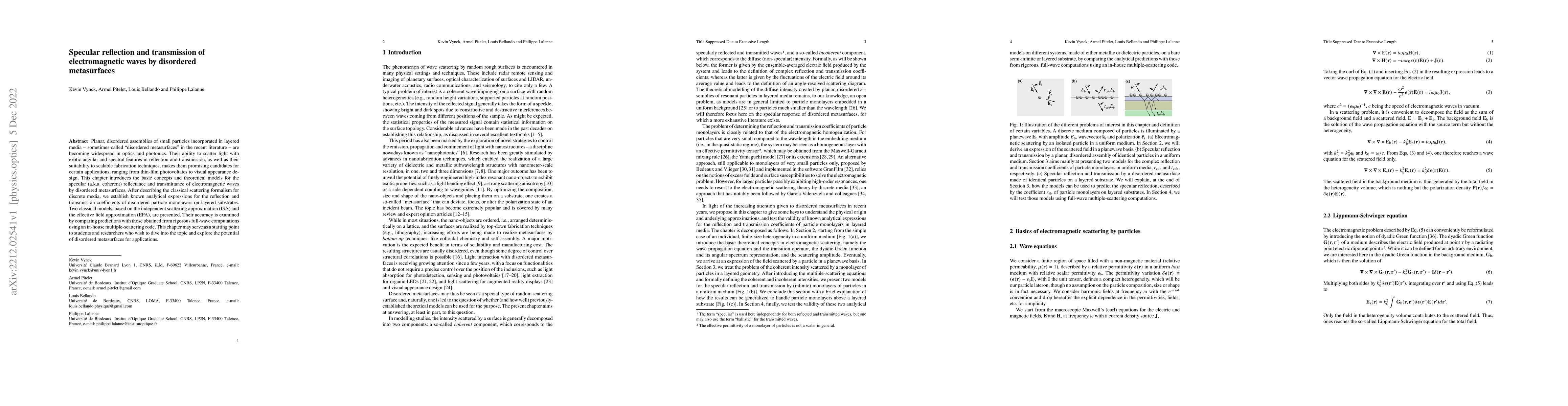 Thumbnail for Specular reflection and transmission of electromagnetic waves by
  disordered metasurfaces