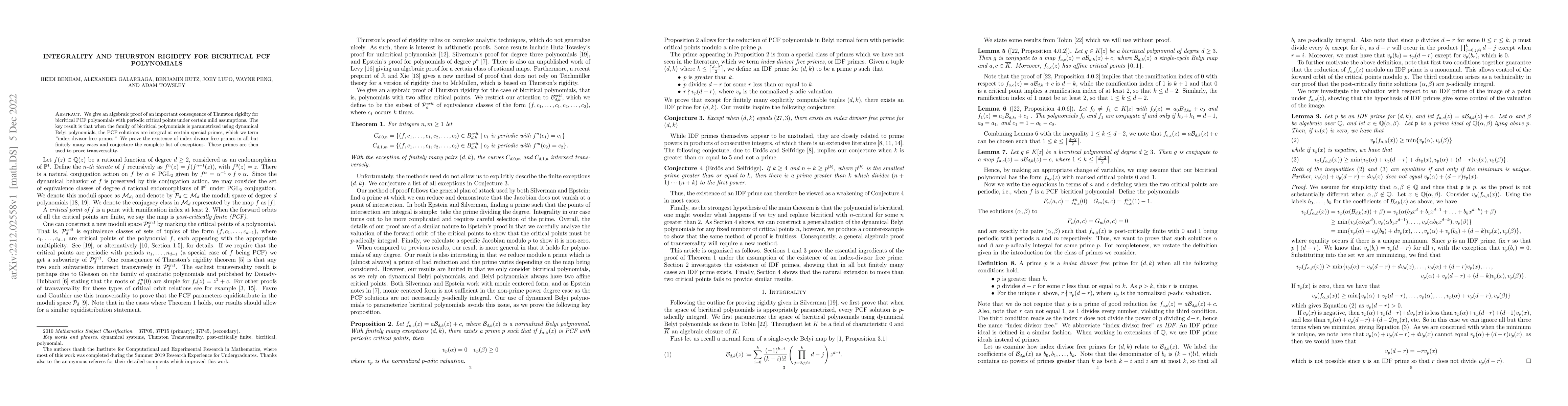 Thumbnail for Integrality and Thurston Rigidity for Bicritical PCF Polynomials