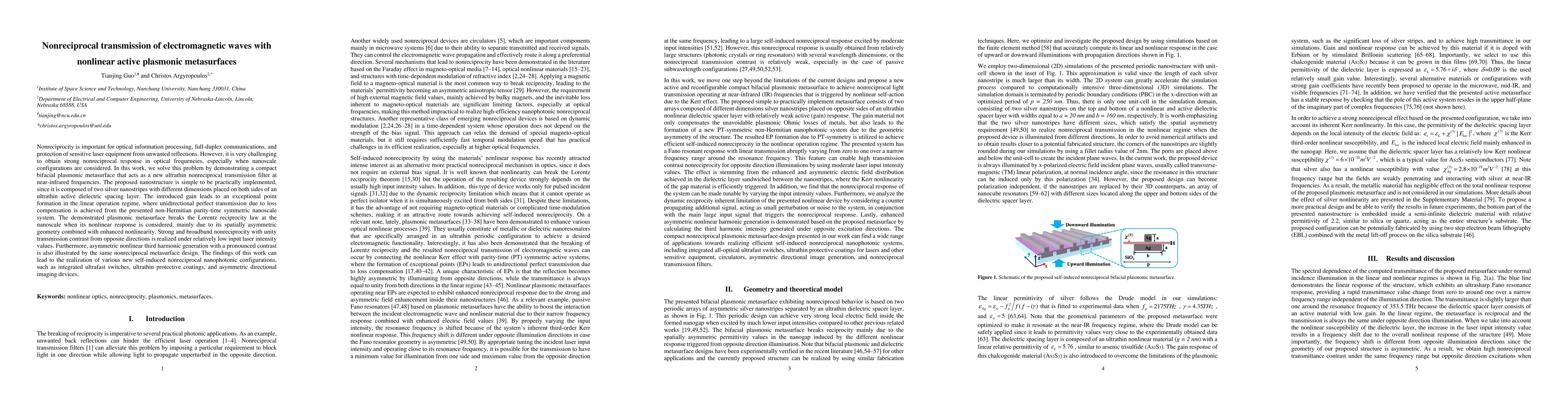 Thumbnail for Nonreciprocal transmission of electromagnetic waves with nonlinear
  active plasmonic metasurfaces