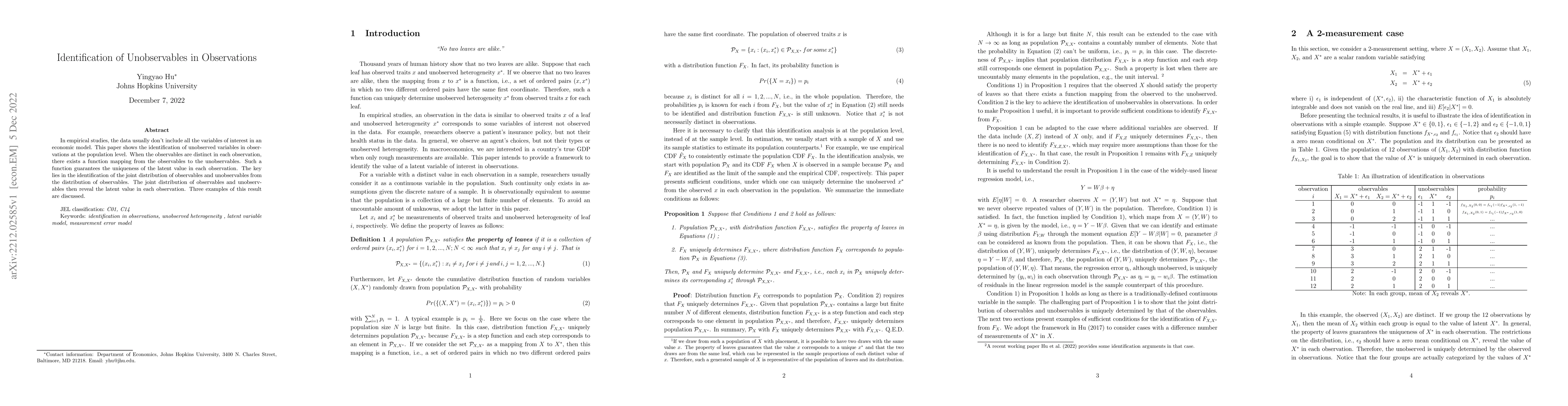 Thumbnail for Identification of Unobservables in Observations