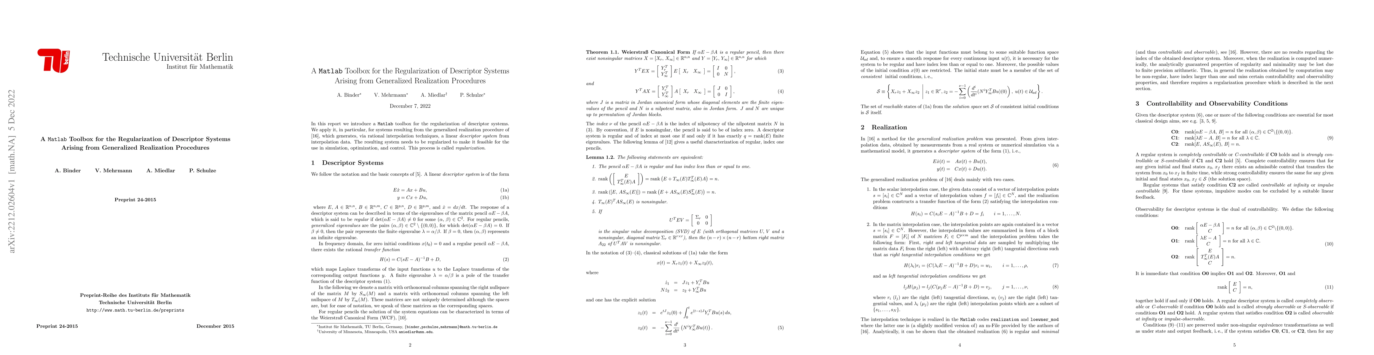 Thumbnail for A \texttt{Matlab} Toolbox for the Regularization of Descriptor Systems
  Arising from Generalized Realization Procedures