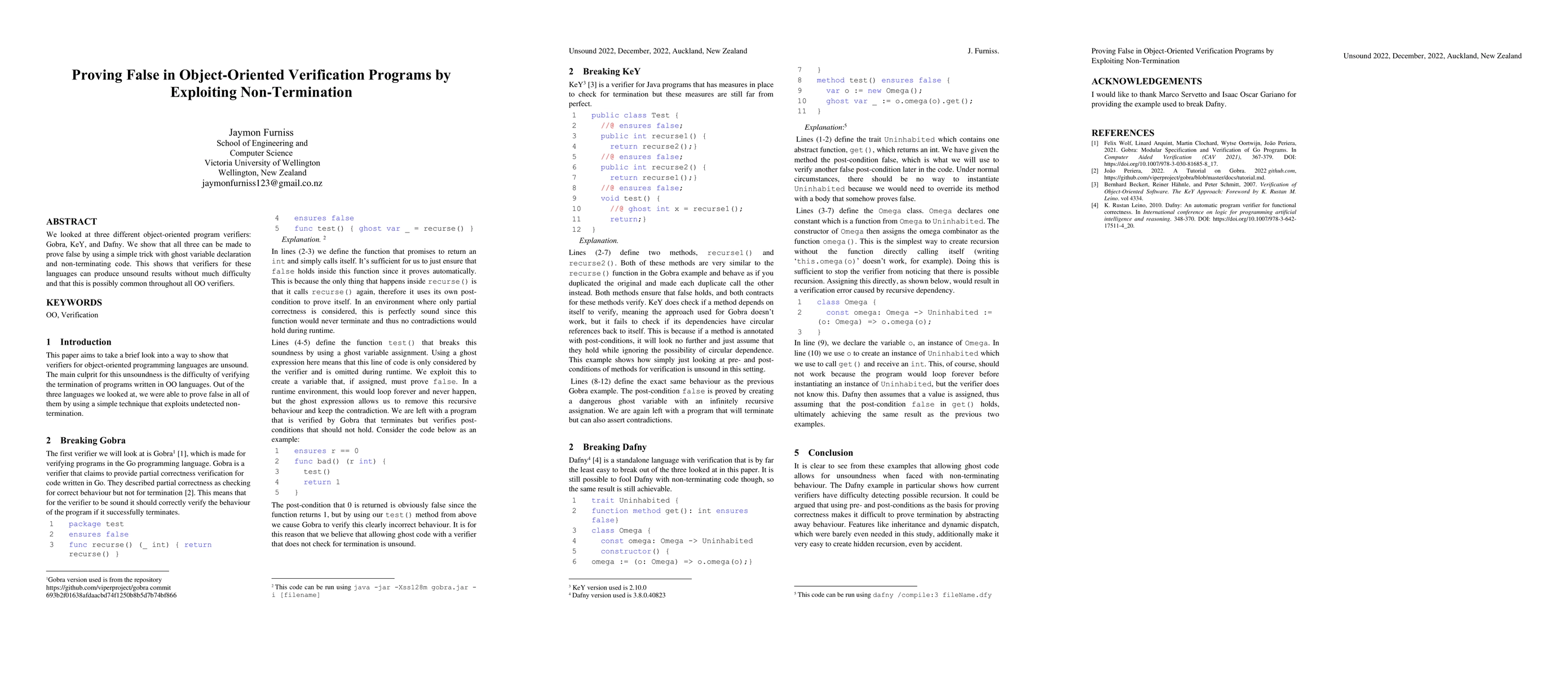 Thumbnail for Proving False in Object-Oriented Verification Programs by Exploiting
  Non-Termination