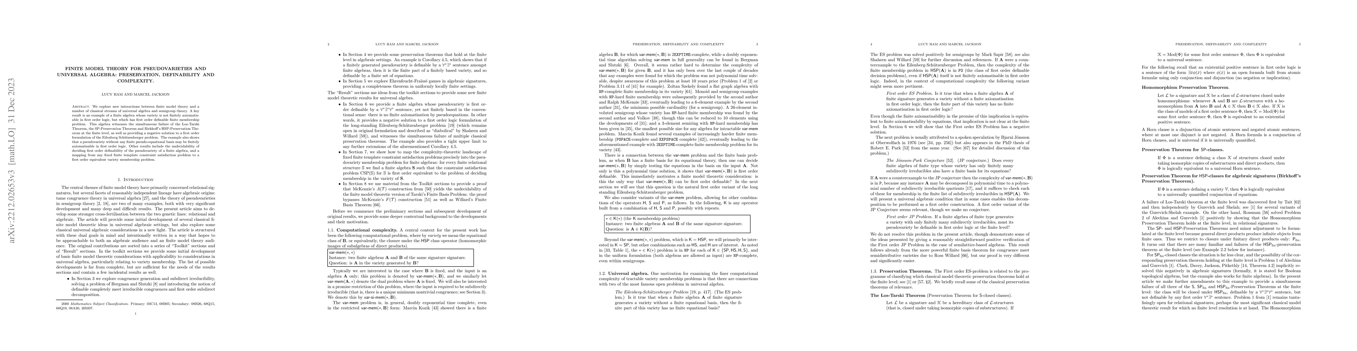 Thumbnail for Finite model theory for pseudovarieties and universal algebra:
  preservation, definability and complexity