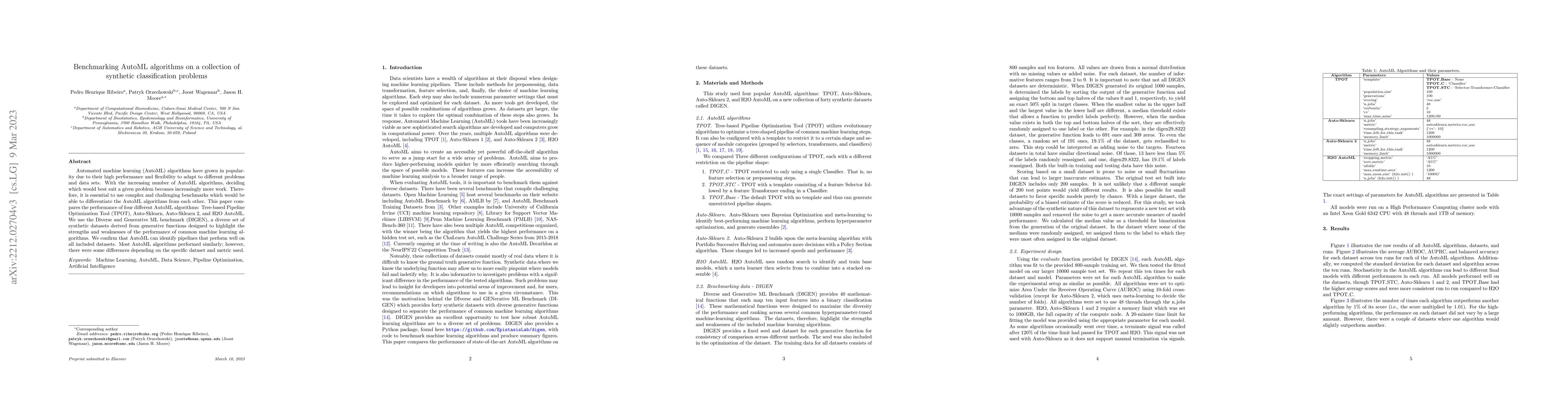 Thumbnail for Benchmarking AutoML algorithms on a collection of synthetic
  classification problems