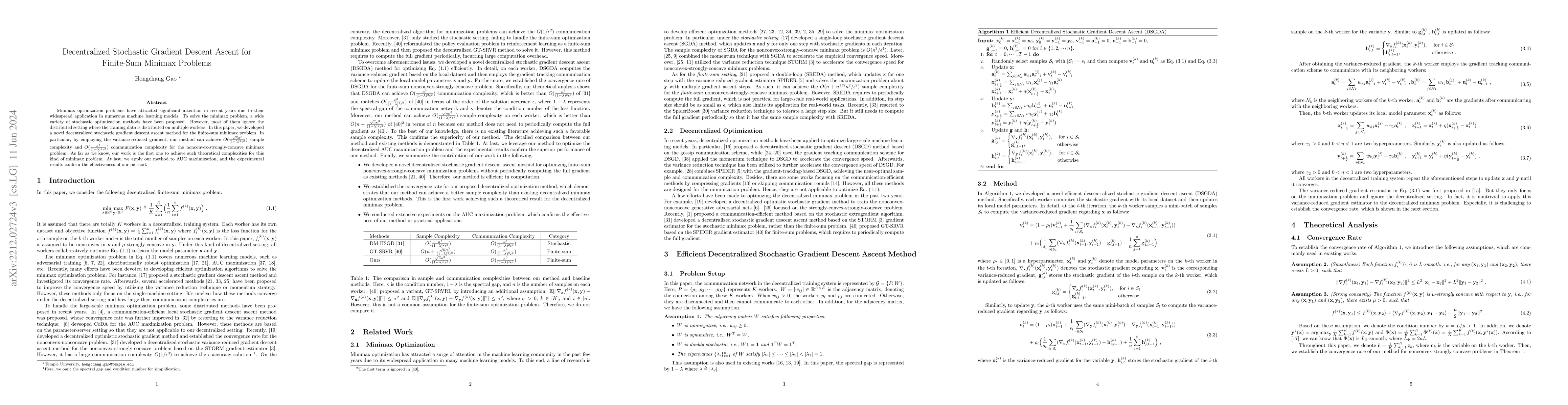 Thumbnail for Decentralized Stochastic Gradient Descent Ascent for Finite-Sum Minimax
  Problems