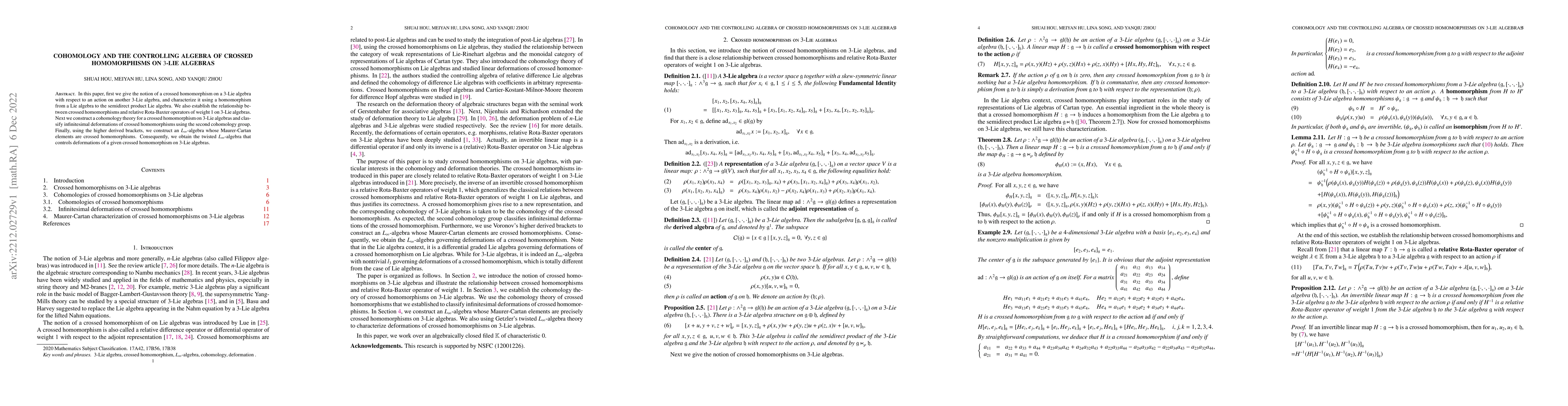 Thumbnail for Cohomology and the controlling algebra of crossed homomorphisms on 3-Lie
  algebras