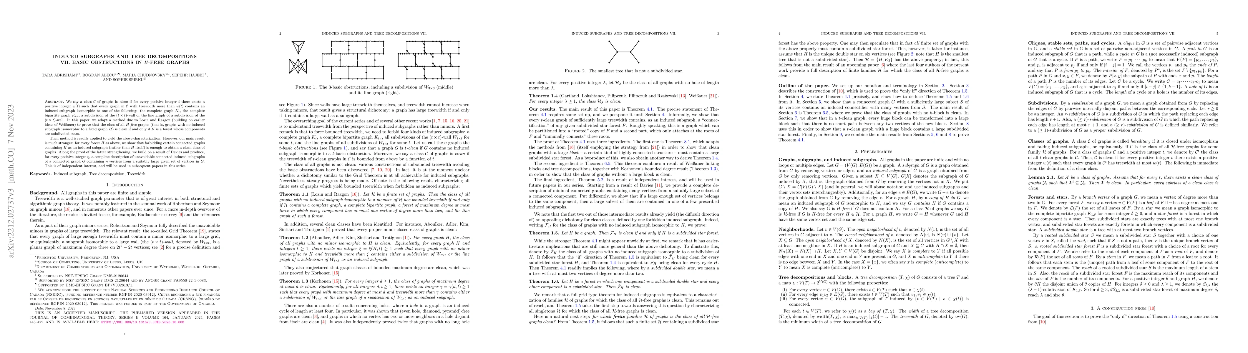 Thumbnail for Induced subgraphs and tree-decompositions VII. Basic obstructions in
  $H$-free graphs