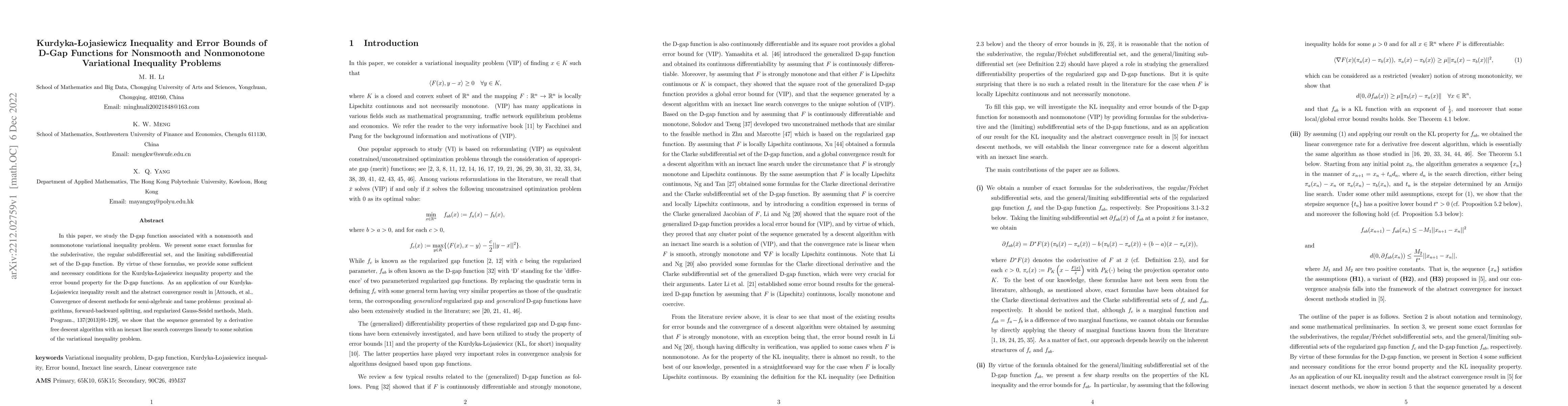 Thumbnail for Kurdyka-{\L}ojasiewicz Inequality and Error Bounds of D-Gap Functions
  for Nonsmooth and Nonmonotone Variational Inequality Problems