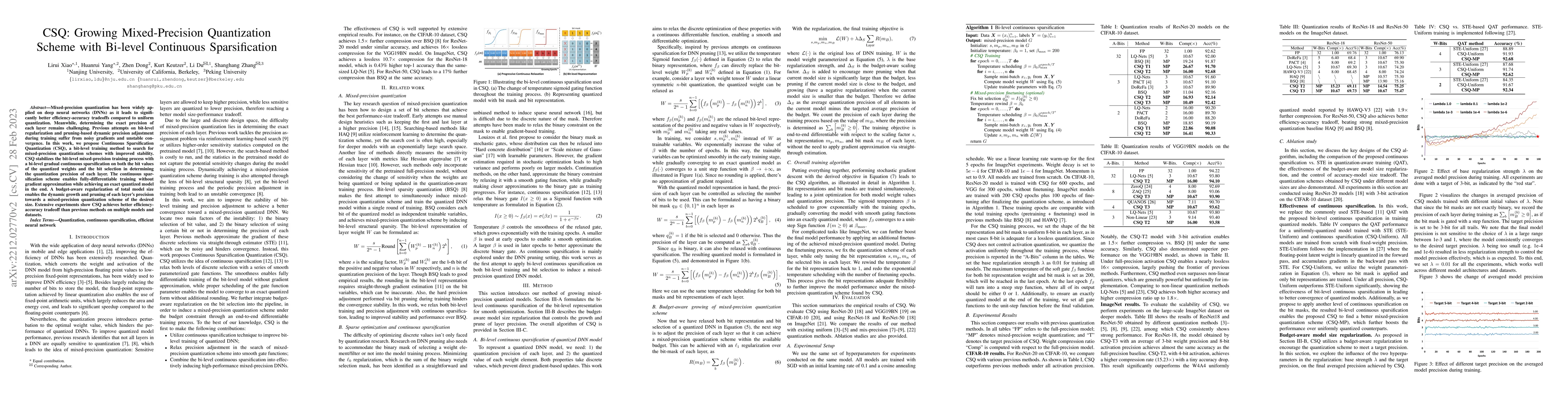 Thumbnail for CSQ: Growing Mixed-Precision Quantization Scheme with Bi-level
  Continuous Sparsification