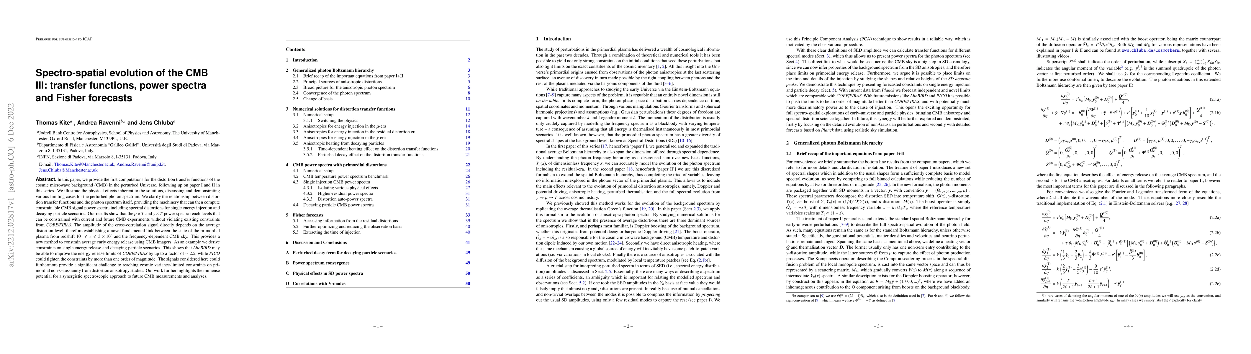 Thumbnail for Spectro-spatial evolution of the CMB III: transfer functions, power
  spectra and Fisher forecasts