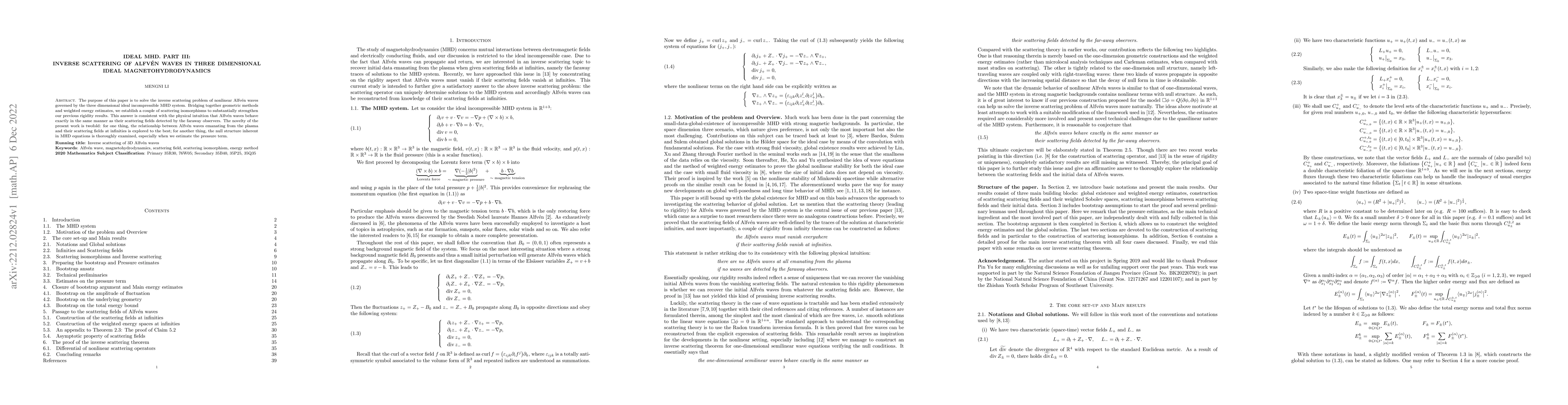 Thumbnail for Ideal MHD. Part III: Inverse scattering of Alfv\'en waves in three
  dimensional ideal magnetohydrodynamics