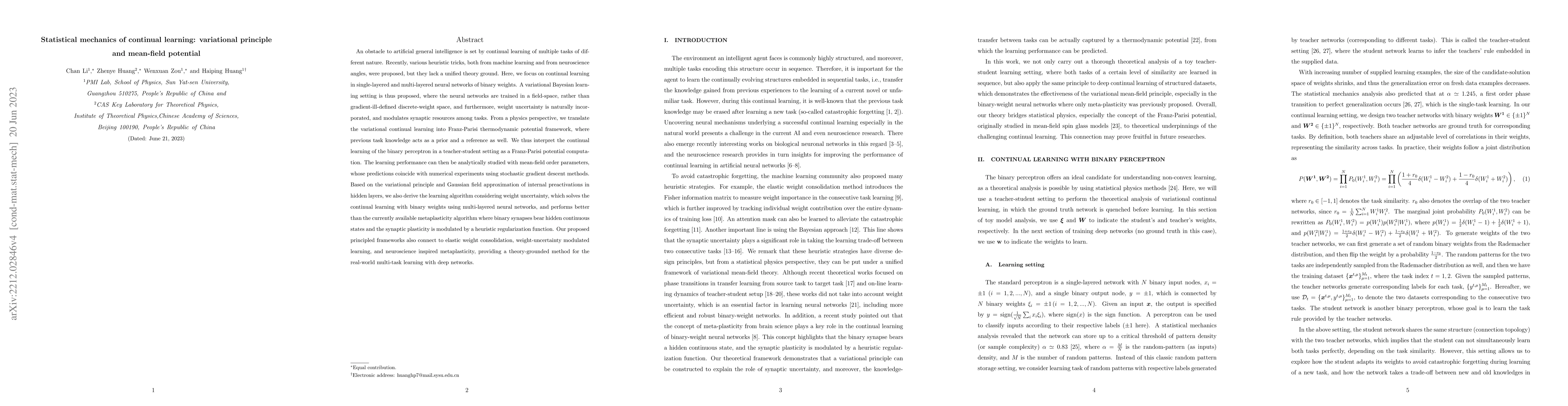 Thumbnail for Statistical mechanics of continual learning: variational principle and
  mean-field potential