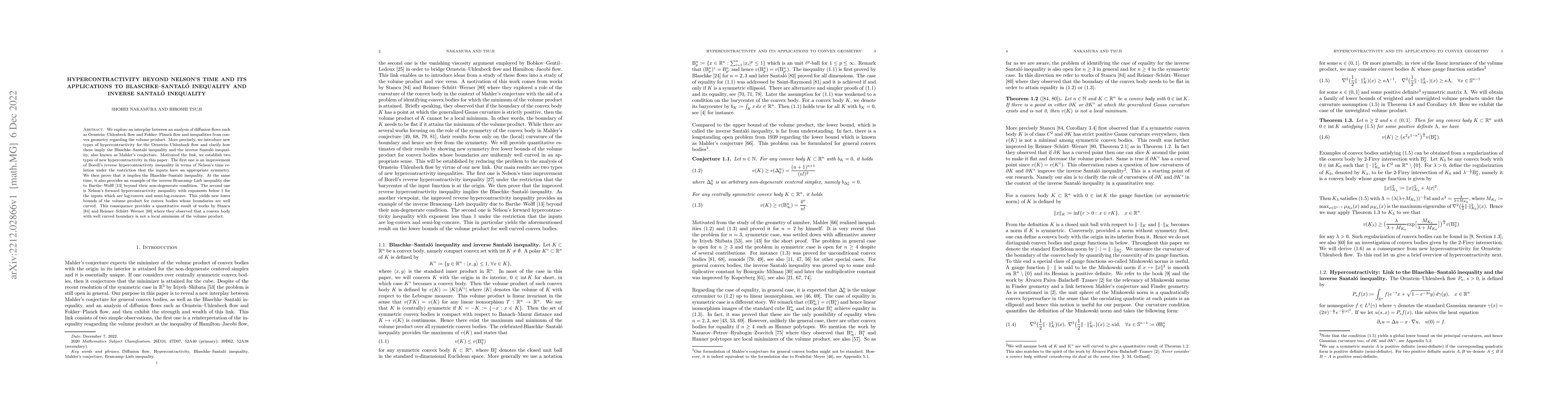 Thumbnail for Hypercontractivity beyond Nelson's time and its applications to
  Blaschke--Santal\'{o} inequality and inverse Santal\'{o} inequality