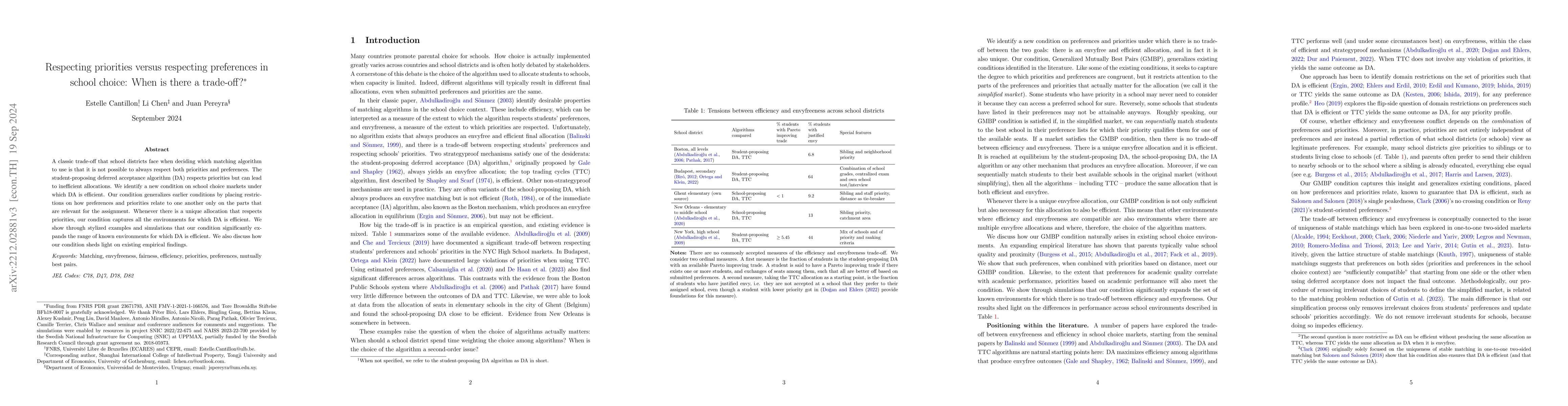Thumbnail for Respecting priorities versus respecting preferences in school choice:
  When is there a trade-off?
