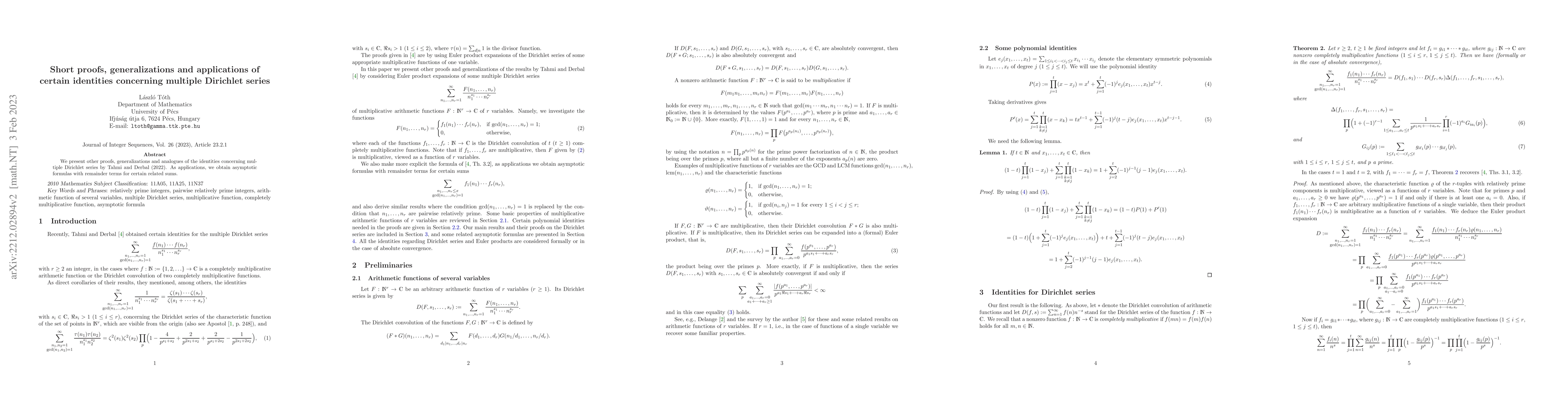 Thumbnail for Short proofs, generalizations and applications of certain identities
  concerning multiple Dirichlet series