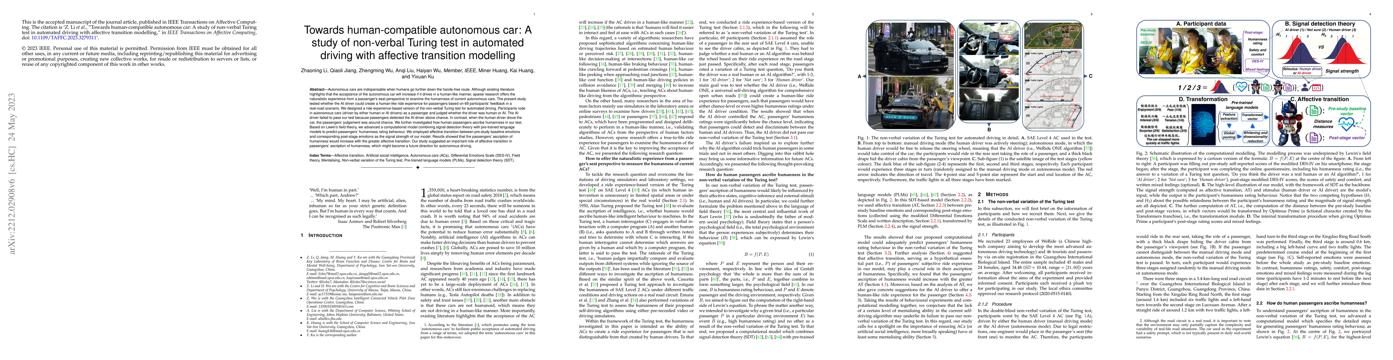 Thumbnail for Towards human-compatible autonomous car: A study of non-verbal Turing
  test in automated driving with affective transition modelling