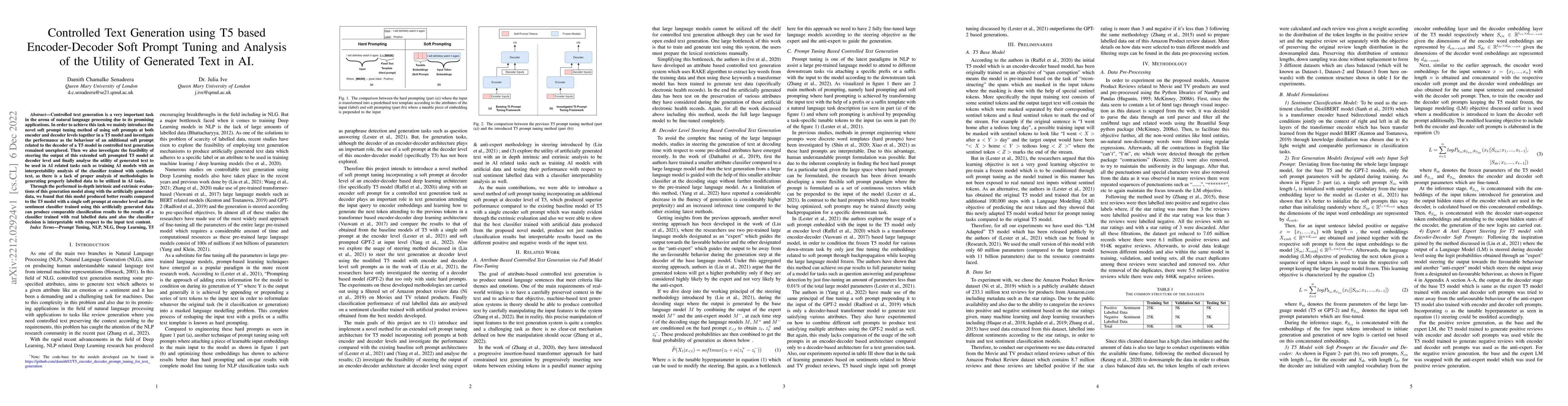 Thumbnail for Controlled Text Generation using T5 based Encoder-Decoder Soft Prompt
  Tuning and Analysis of the Utility of Generated Text in AI