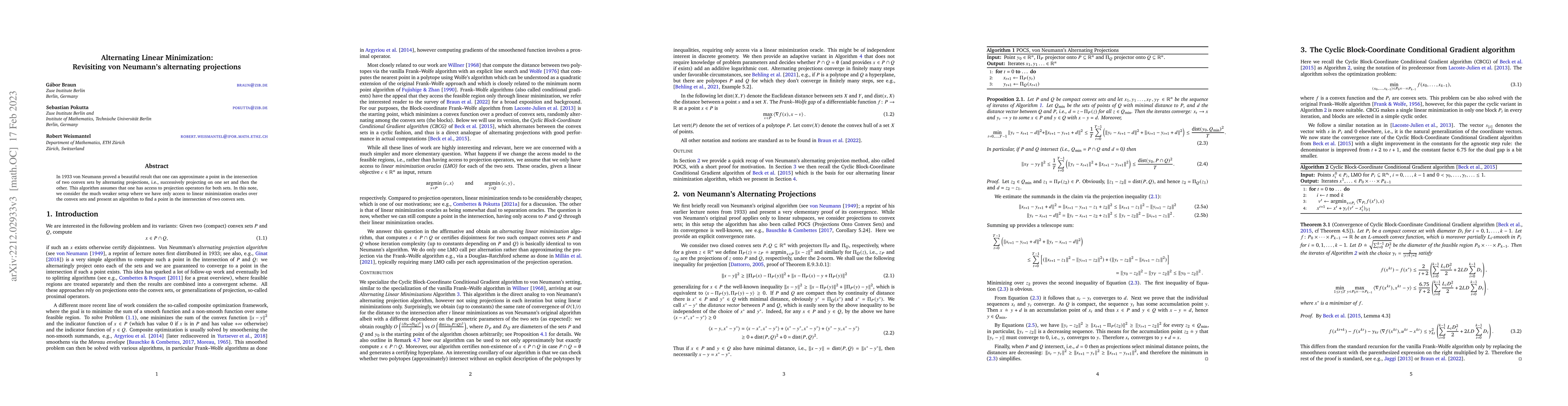Thumbnail for Alternating Linear Minimization: Revisiting von Neumann's alternating
  projections