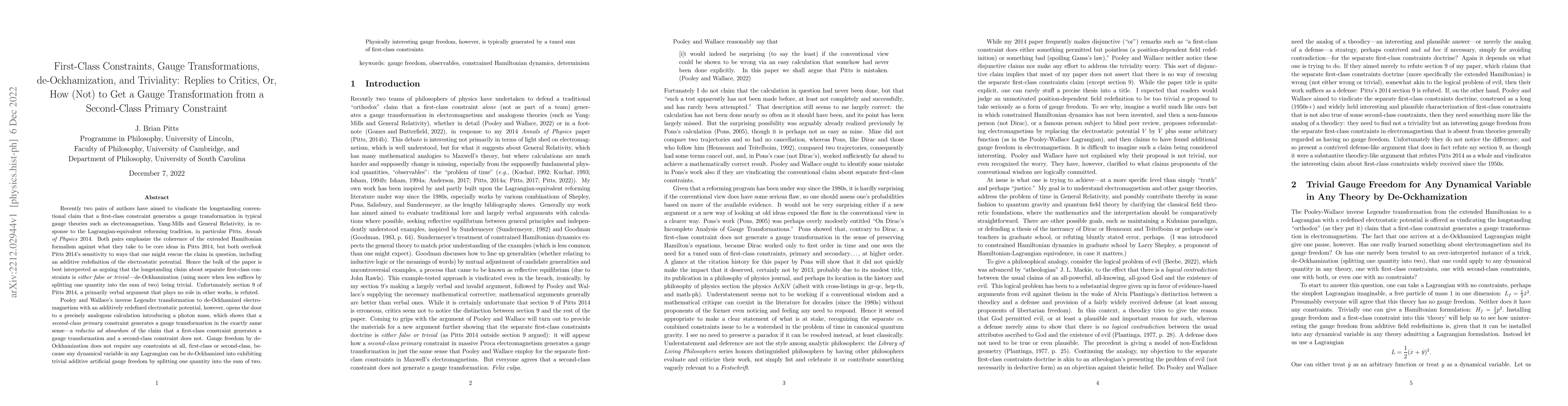 Thumbnail for First-Class Constraints, Gauge Transformations, de-Ockhamization, and
  Triviality: Replies to Critics, Or, How (Not) to Get a Gauge Transformation
  from a Second-Class Primary Constraint