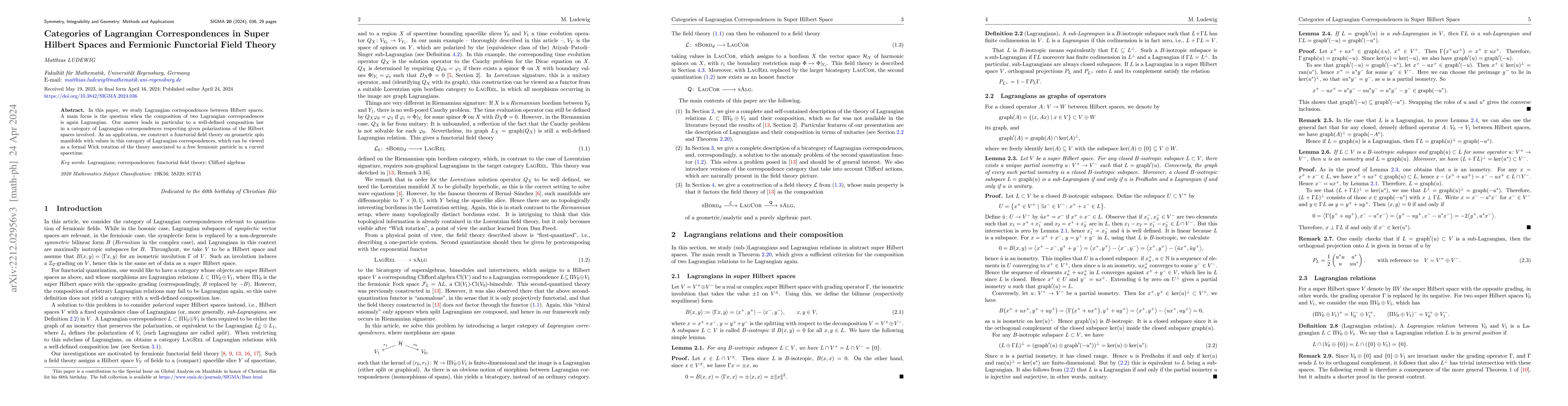 Thumbnail for Categories of Lagrangian Correspondences in Super Hilbert Spaces and
  Fermionic Functorial Field Theory