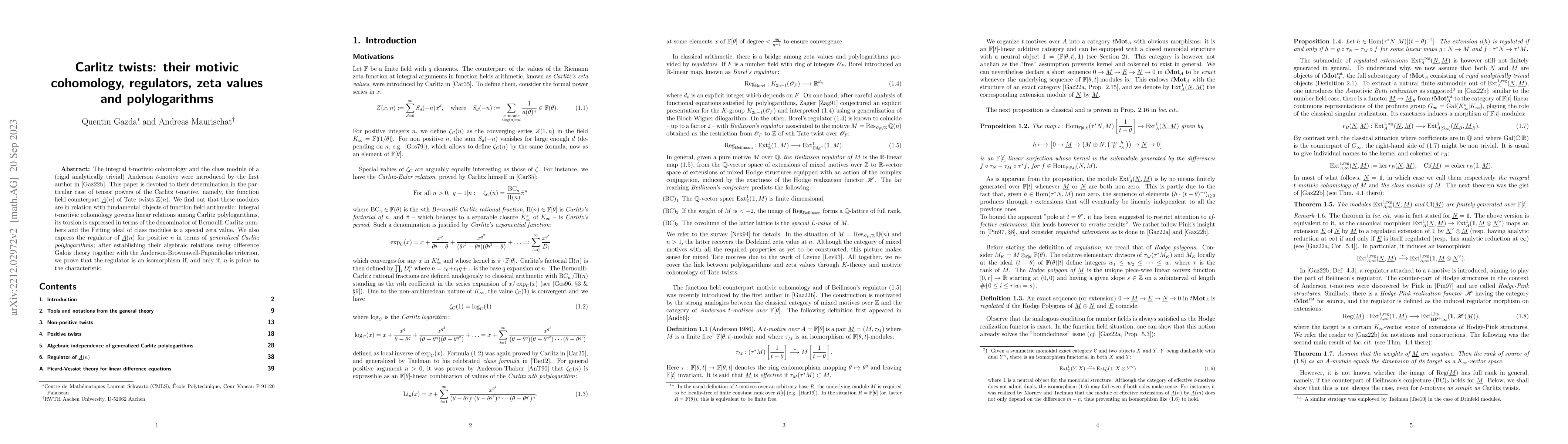 Thumbnail for Carlitz twists: their motivic cohomology, regulators, zeta values and
  polylogarithms