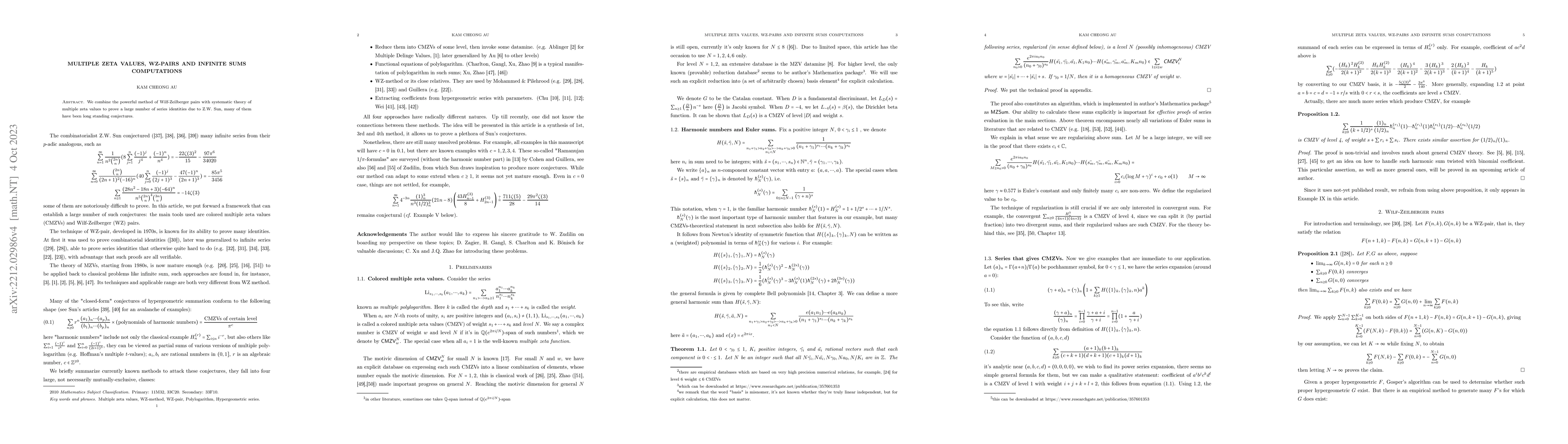 Thumbnail for Multiple zeta values, WZ-pairs and infinite sums computations
