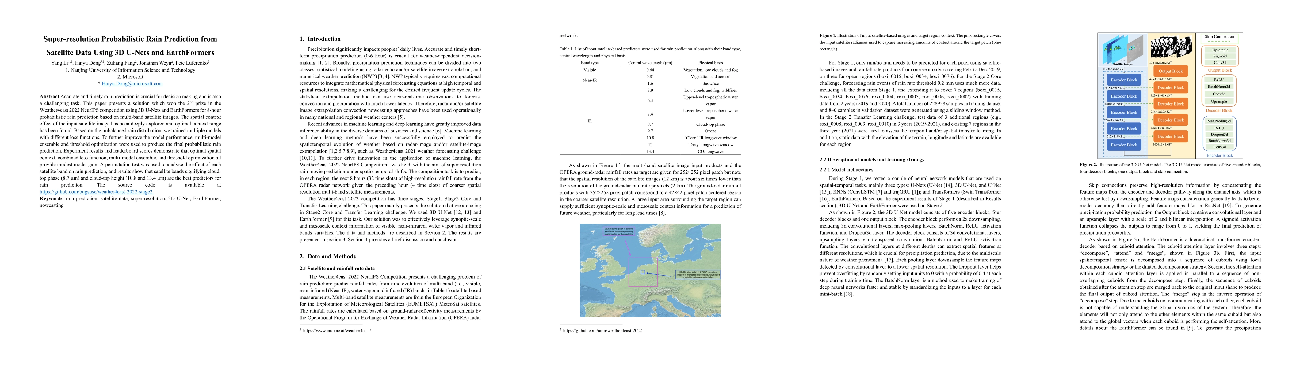 Thumbnail for Super-resolution Probabilistic Rain Prediction from Satellite Data Using
  3D U-Nets and EarthFormers