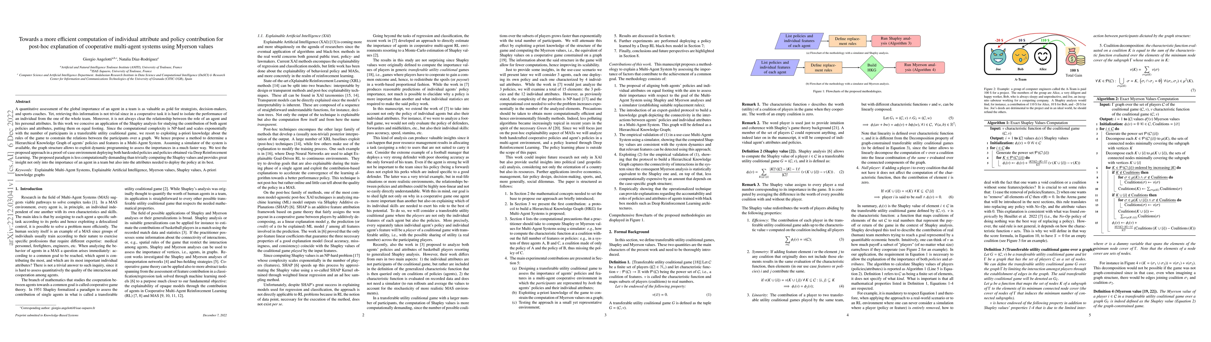 Thumbnail for Towards a more efficient computation of individual attribute and policy
  contribution for post-hoc explanation of cooperative multi-agent systems
  using Myerson values