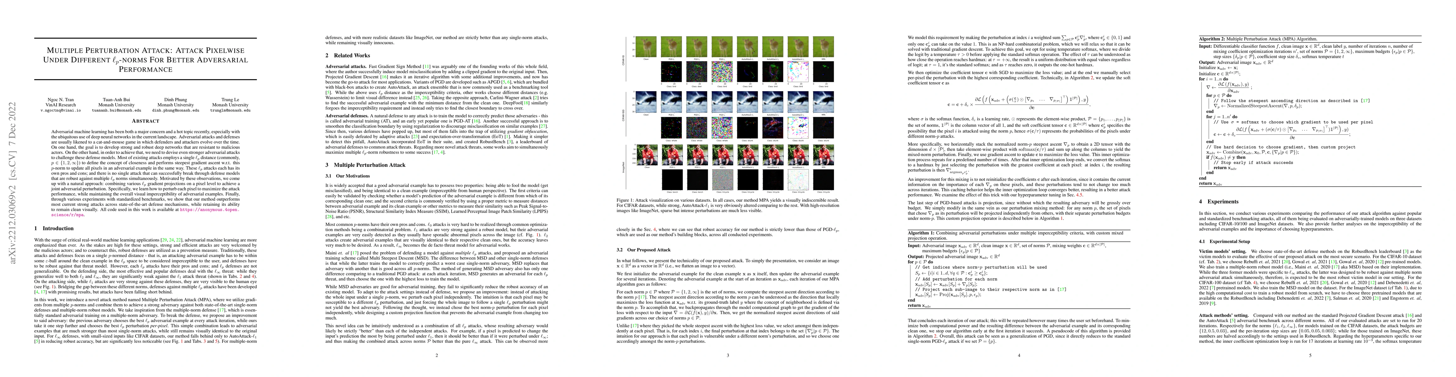 Thumbnail for Multiple Perturbation Attack: Attack Pixelwise Under Different
  $\ell_p$-norms For Better Adversarial Performance