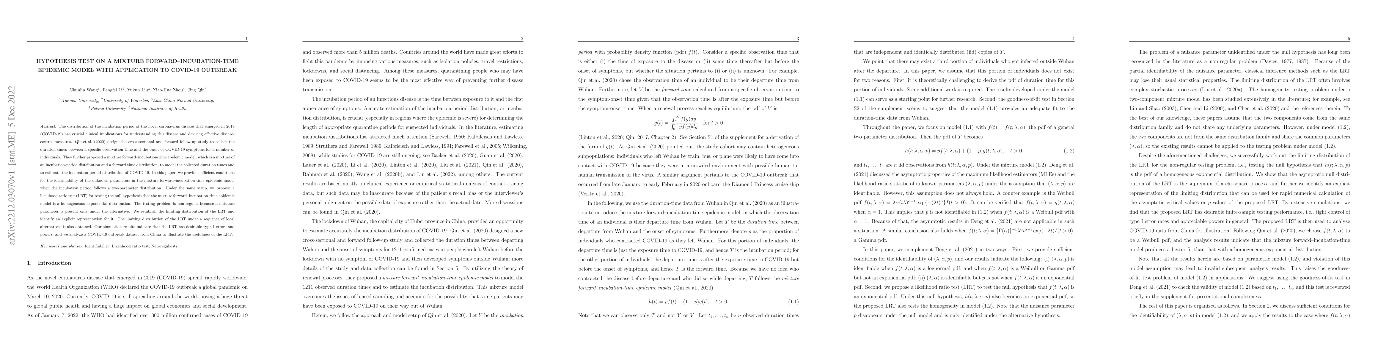 Thumbnail for Hypothesis test on a mixture forward-incubation-time epidemic model with
  application to COVID-19 outbreak