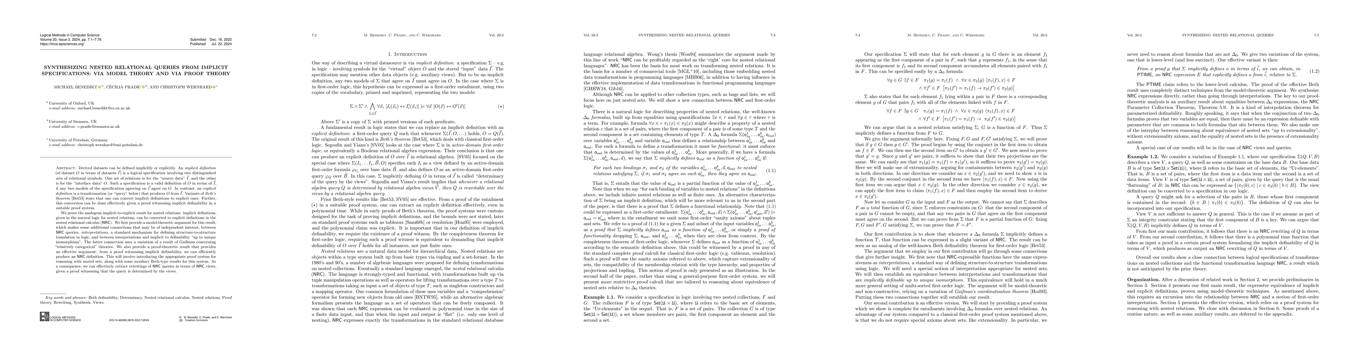 Thumbnail for Synthesizing nested relational queries from implicit specifications: via
  model theory and via proof theory