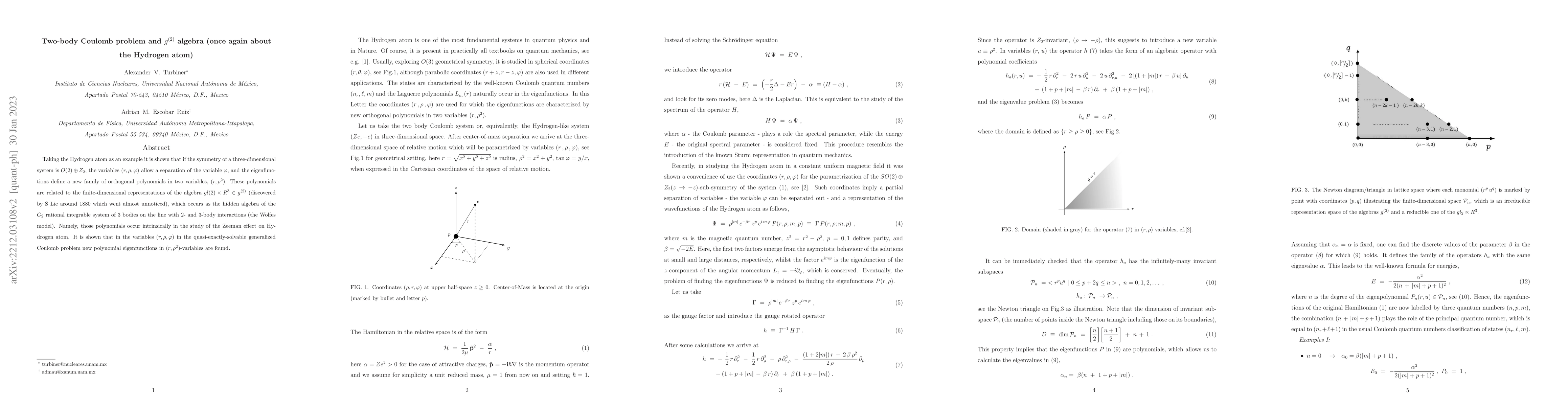 Thumbnail for Two-body Coulomb problem and $g^{(2)}$ algebra (once again about the
  Hydrogen atom)