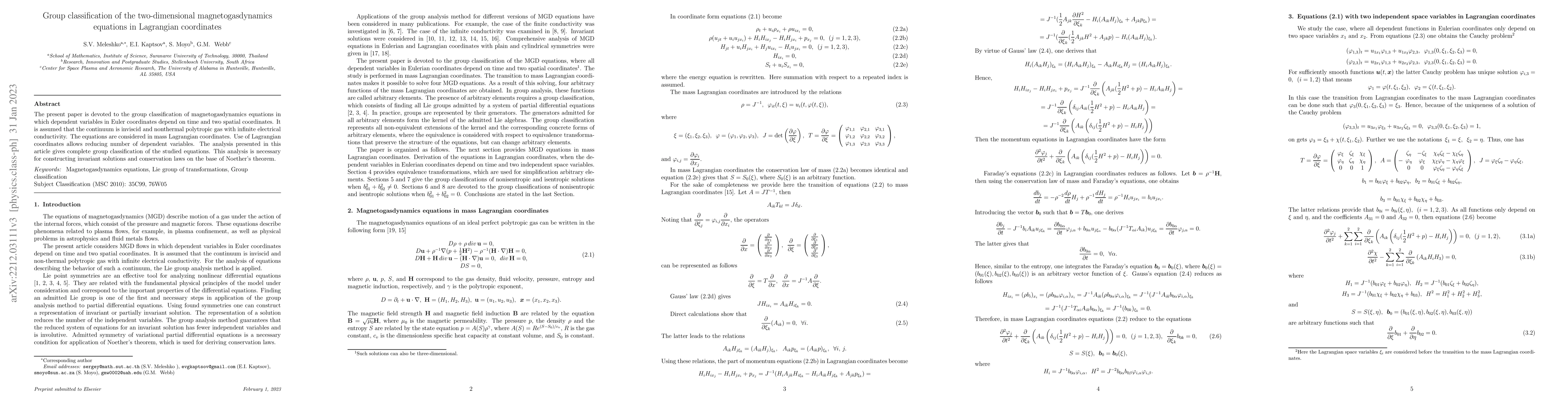 Thumbnail for Group classification of the two-dimensional magnetogasdynamics equations
  in Lagrangian coordinates