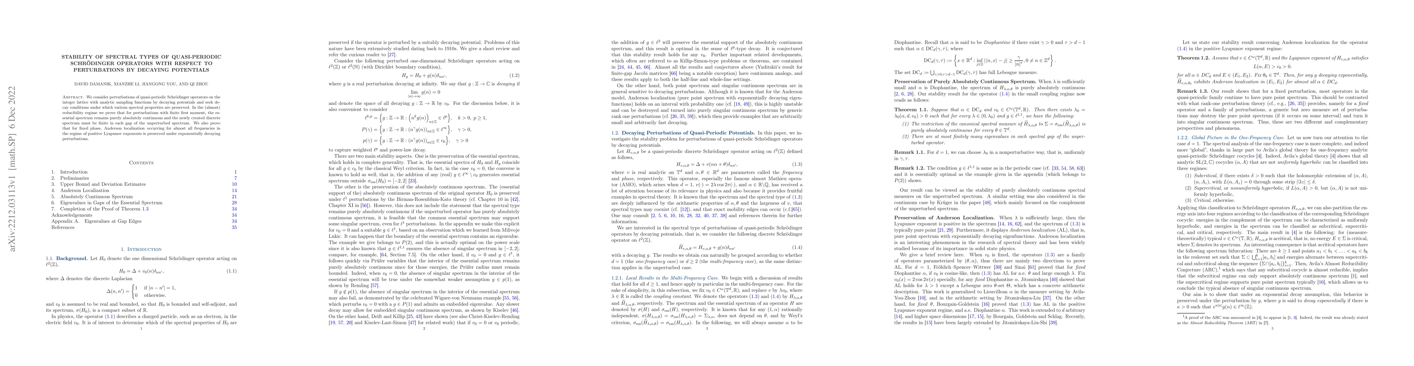 Thumbnail for Stability of Spectral Types of Quasi-Periodic Schr\"odinger Operators
  With Respect to Perturbations by Decaying Potentials