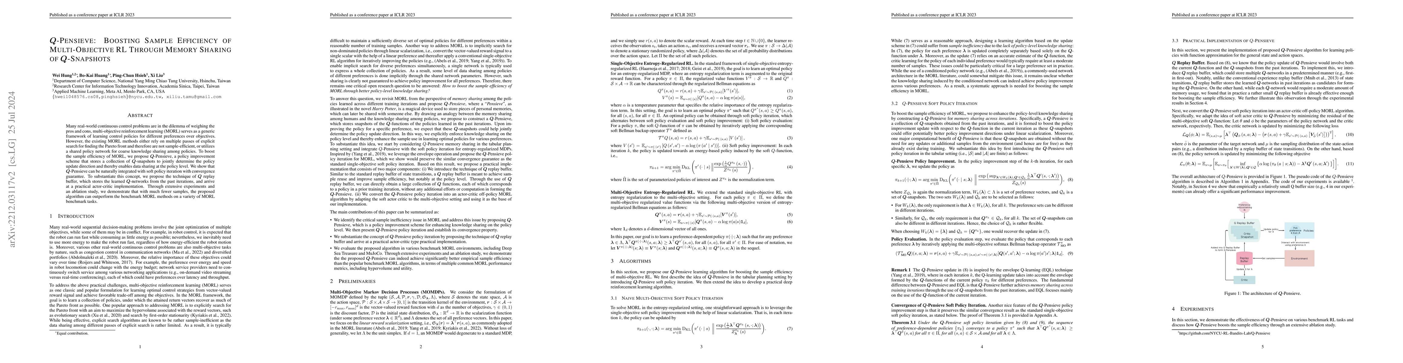 Thumbnail for Q-Pensieve: Boosting Sample Efficiency of Multi-Objective RL Through
  Memory Sharing of Q-Snapshots